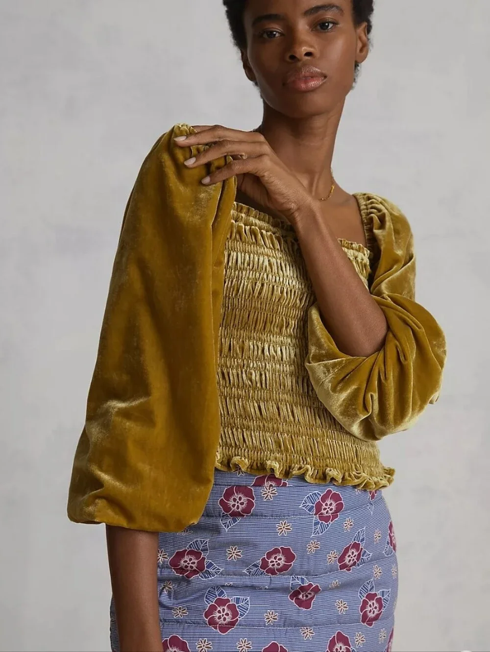 Anthropologie Smocked Velvet Blouse Top M